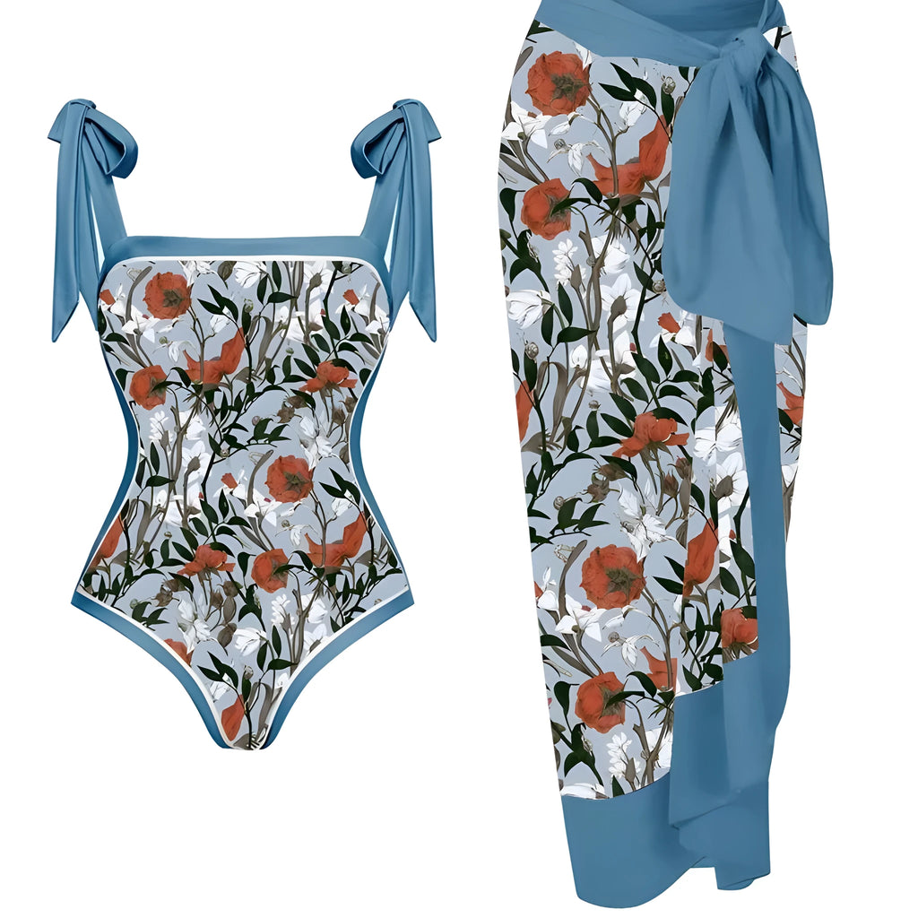Women's two-piece floral printed polyester swimsuit with matching hip skirt in conservative style