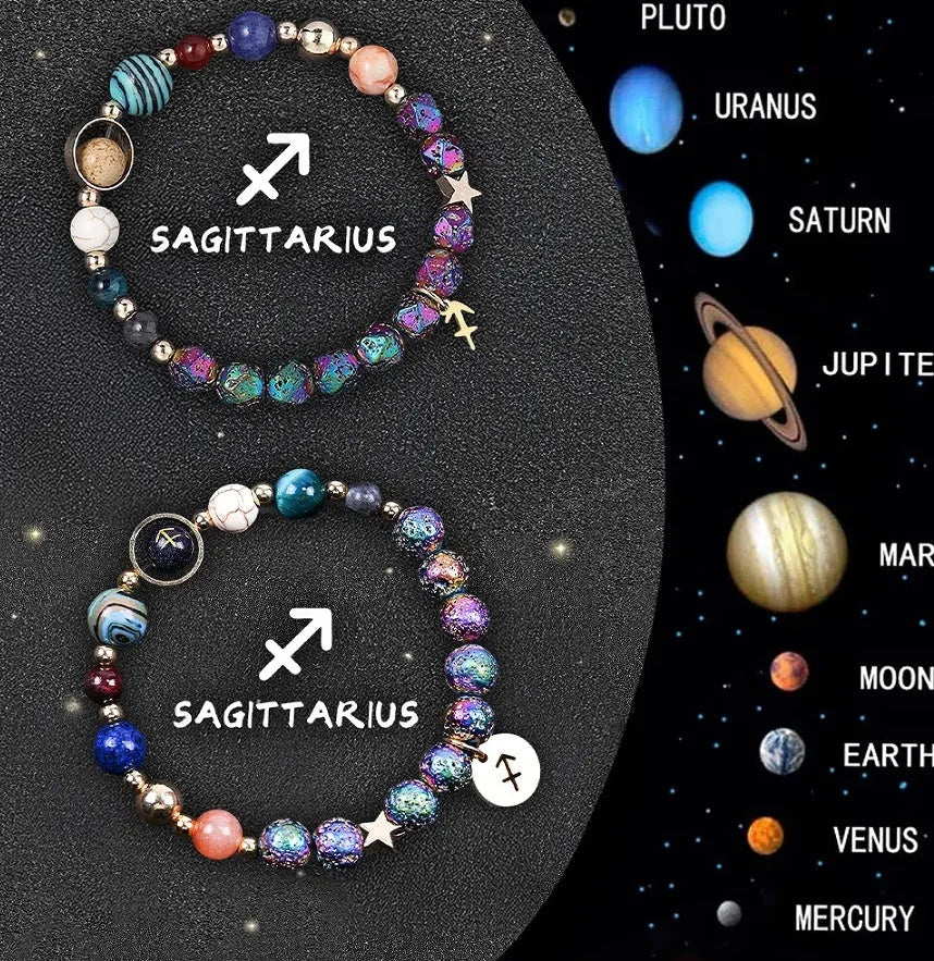 Two natural stone beaded bracelets showing different zodiac sign charms on an adjustable cord.