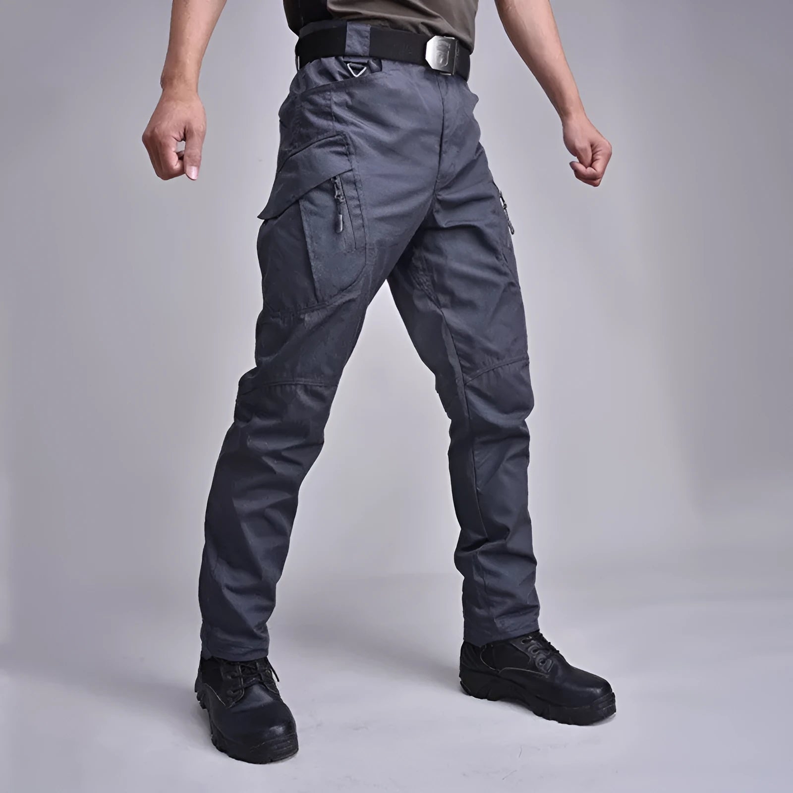 Men's military tactical pants multi-pocket cargo trousers straight leg cropped black colour