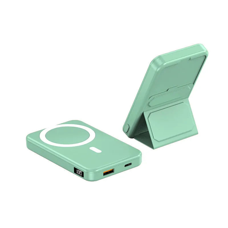 Magnetic wireless charging power bank with folding stand in pearl white colour.