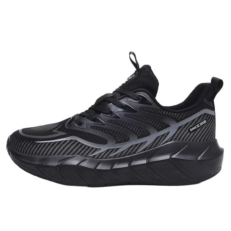 Men's low-top platform running sneakers with hollow-out synthetic leather upper and non-slip rubber sole in dark night black