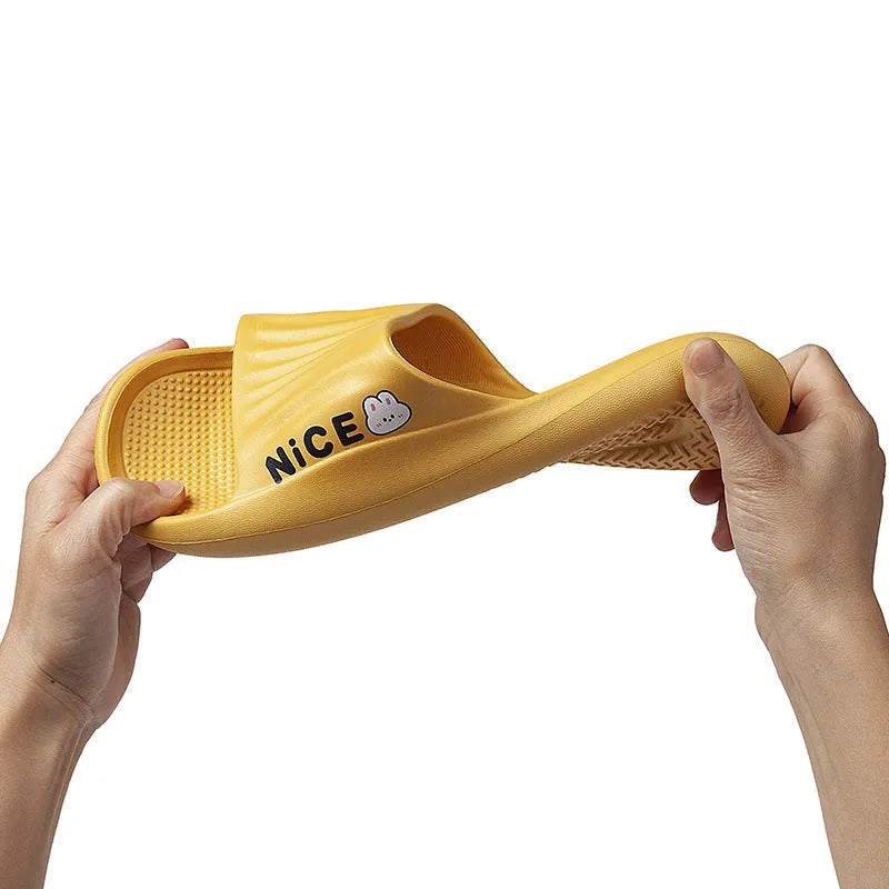 Adult unisex cartoon pattern EVA flip flop slippers in various colours on a white background.