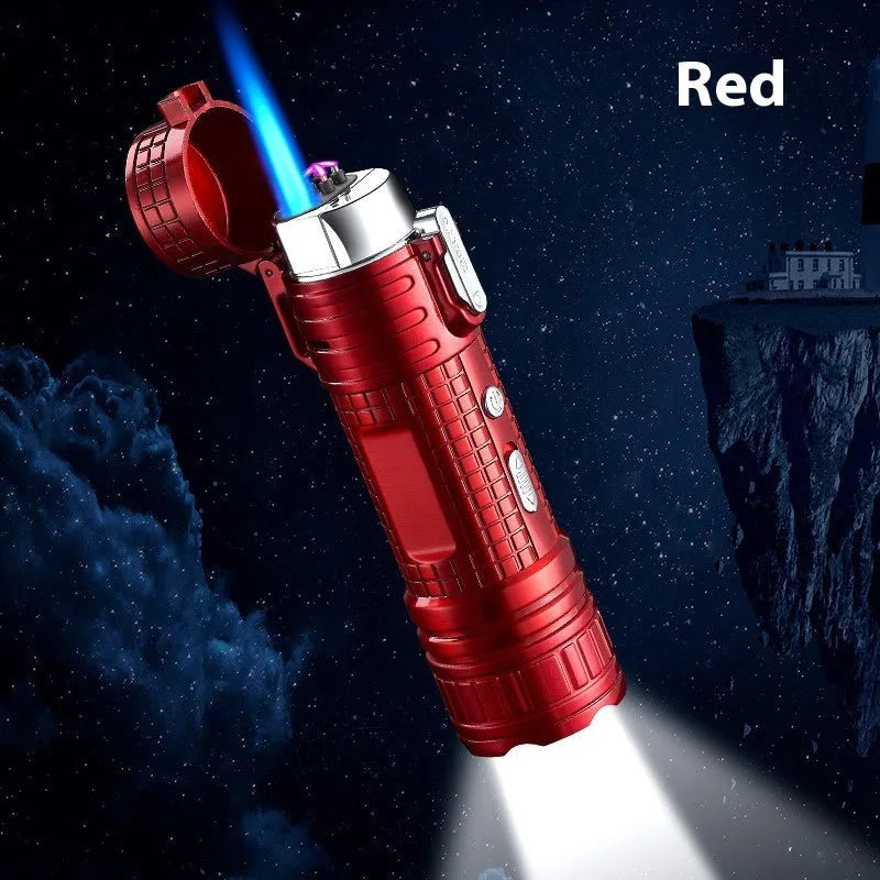 Multi-functional waterproof metal flashlight lighter TH727 in camouflage, red, black, blue, and yellow colours