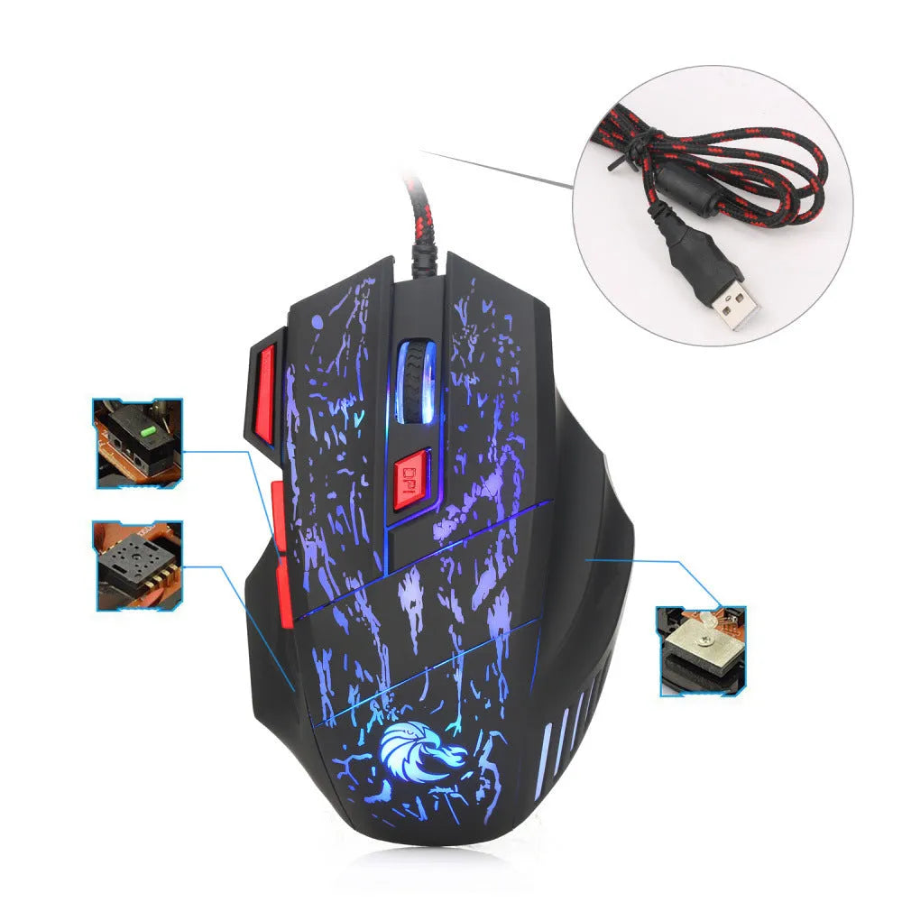 H300BK black gaming mouse with colourful luminous side lighting and USB cable