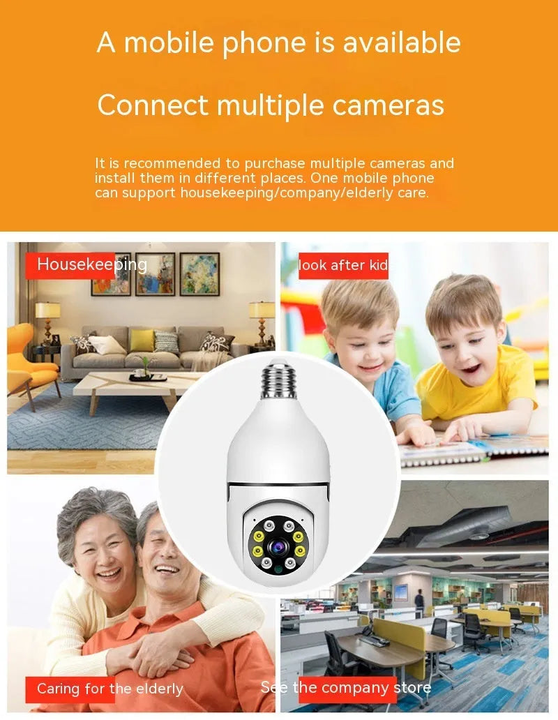 Wireless bulb security camera with 1080p HD resolution and full colour night vision measuring 5cm by 12cm