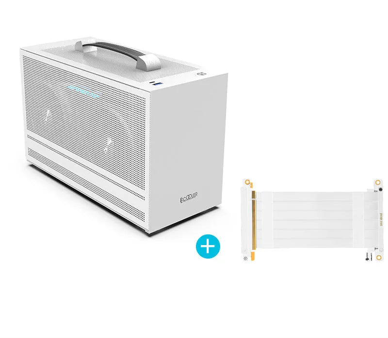 Three Hummingbird PRO portable ITX desktop chassis in titanium gray or white with tinned steel construction