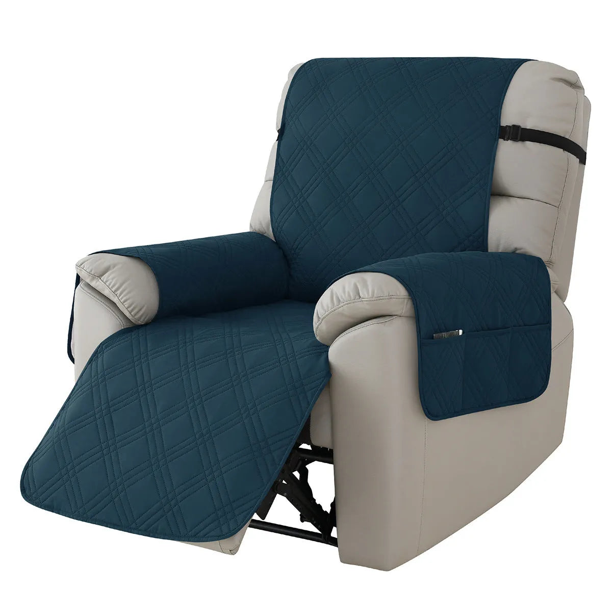 Quilted waterproof sofa cover on a Chivas massage chair in peacock blue colour.