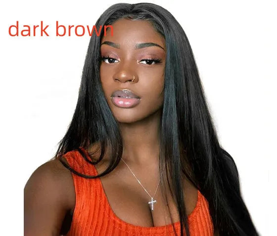 Long straight black synthetic wig with centre-parted bangs on a model.