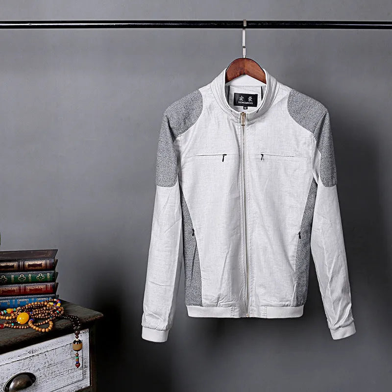 Men's thin cotton linen jacket in blue, grass green, or heather gray on a hanger.