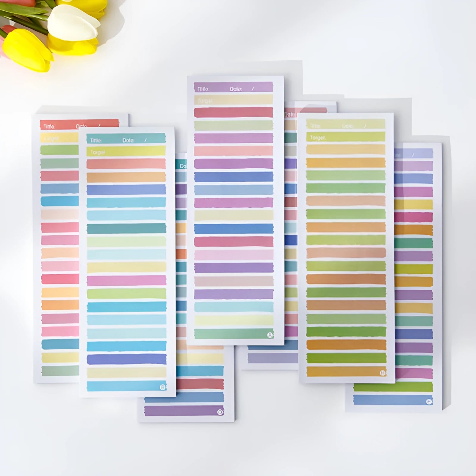 Student notepad with plastic storage box showing 90x248mm dimensions and colour variations