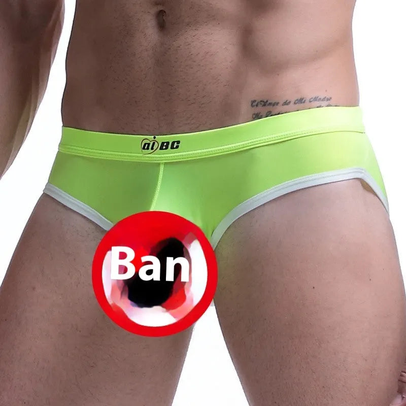 Men's ice silk bazooka briefs in multiple colours showing quick-drying fabric and bullet separation design