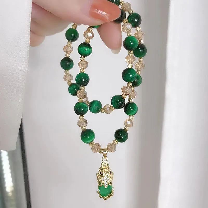 Handmade natural Vanves stone and Tigereye bead bracelet on single or double chain in green or rose red.