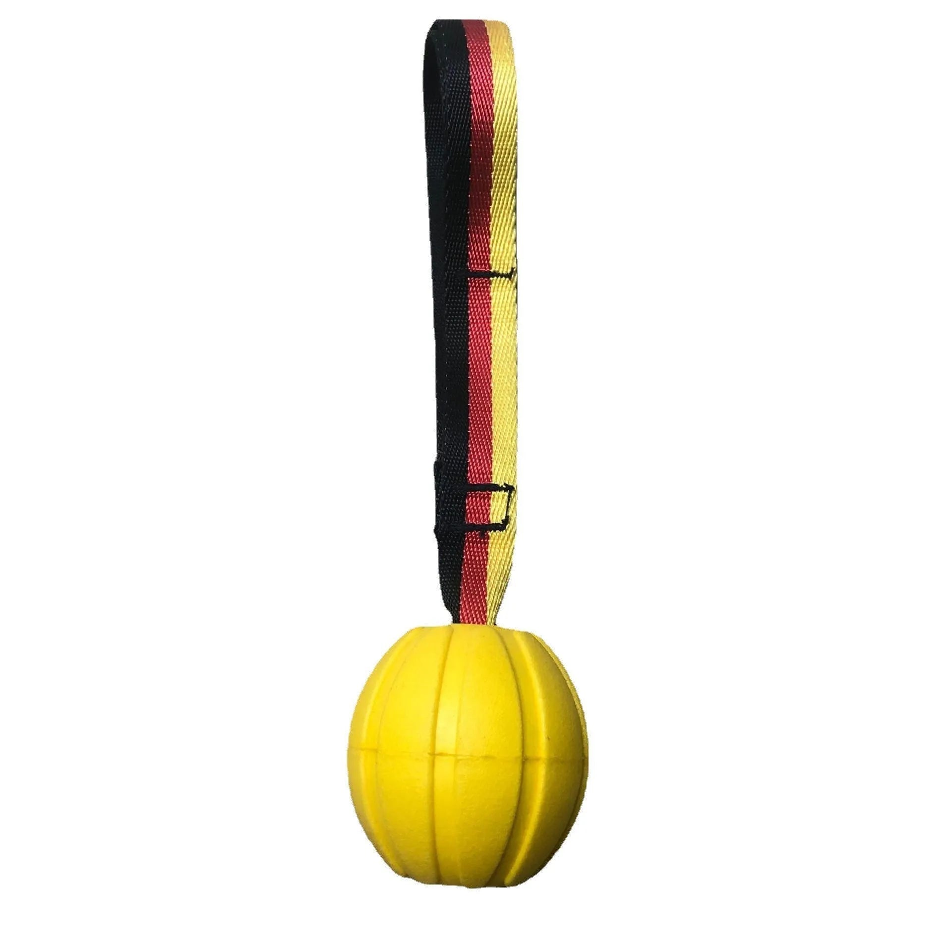 Camouflage and yellow EVA foam floating dog training balls in three different sizes on a blue background.