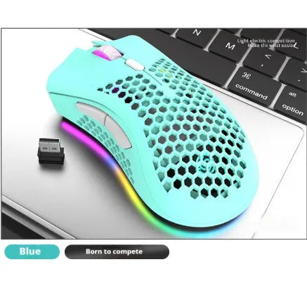 Hollow-out wireless gaming mouse with luminous charging feature in cyan colour.