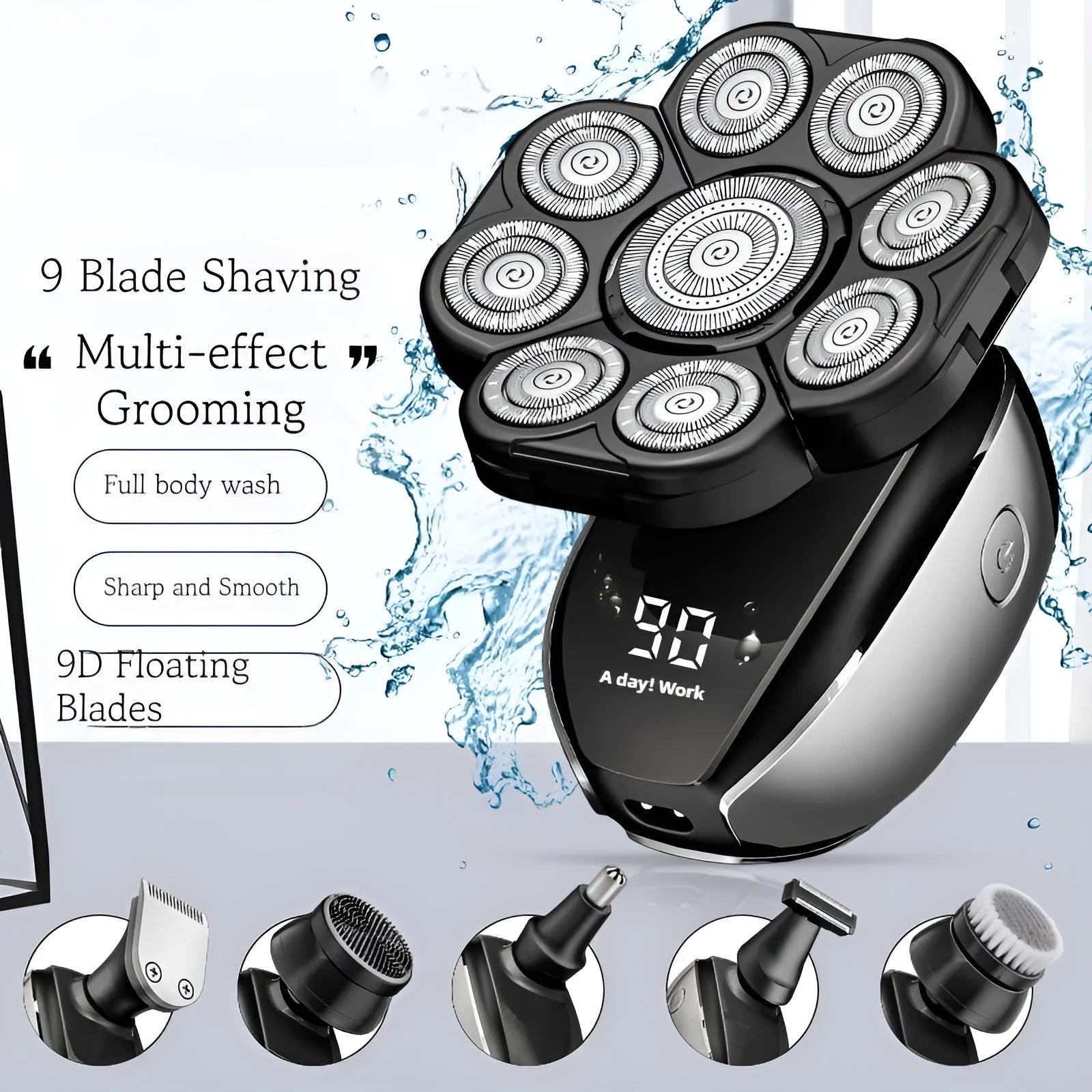 Black 6-in-1 rechargeable hair clippers shaver kit with multiple grooming attachments including shaving head and trimmer