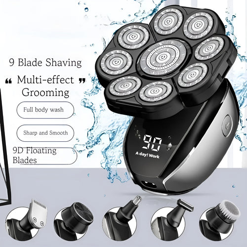 Black 6-in-1 rechargeable hair clippers shaver kit with multiple grooming attachments including shaving head and trimmer