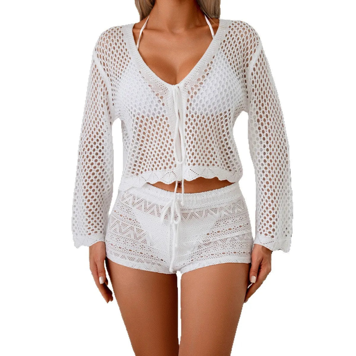 Women's apricot hollow woven cardigan blouse with bell sleeves laid flat