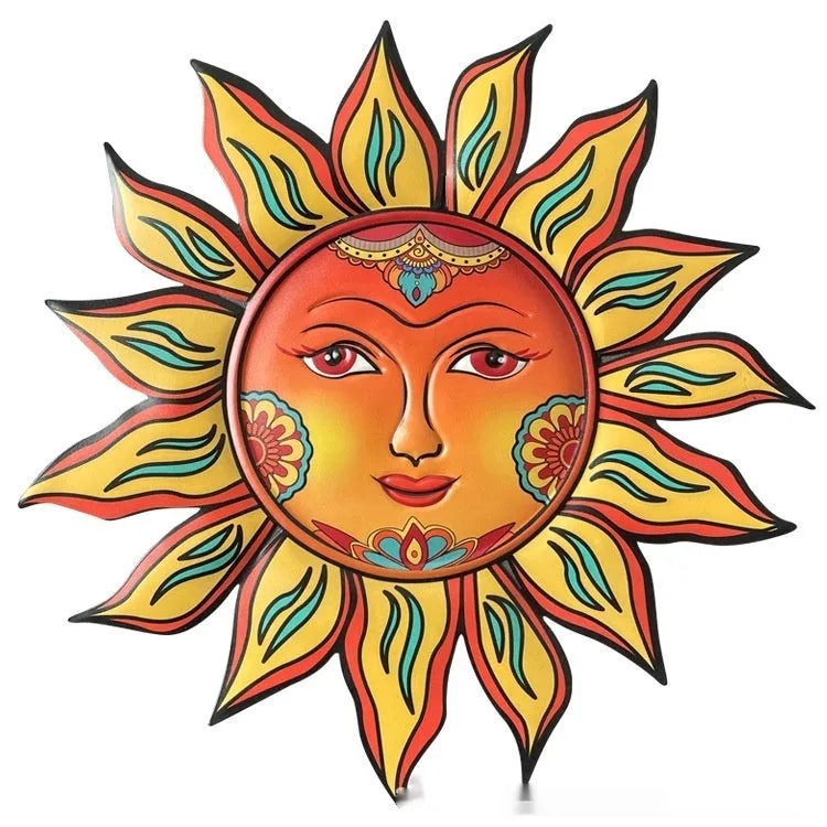 Iron sun face wall hanging decoration with floral metalwork design in multiple colour options