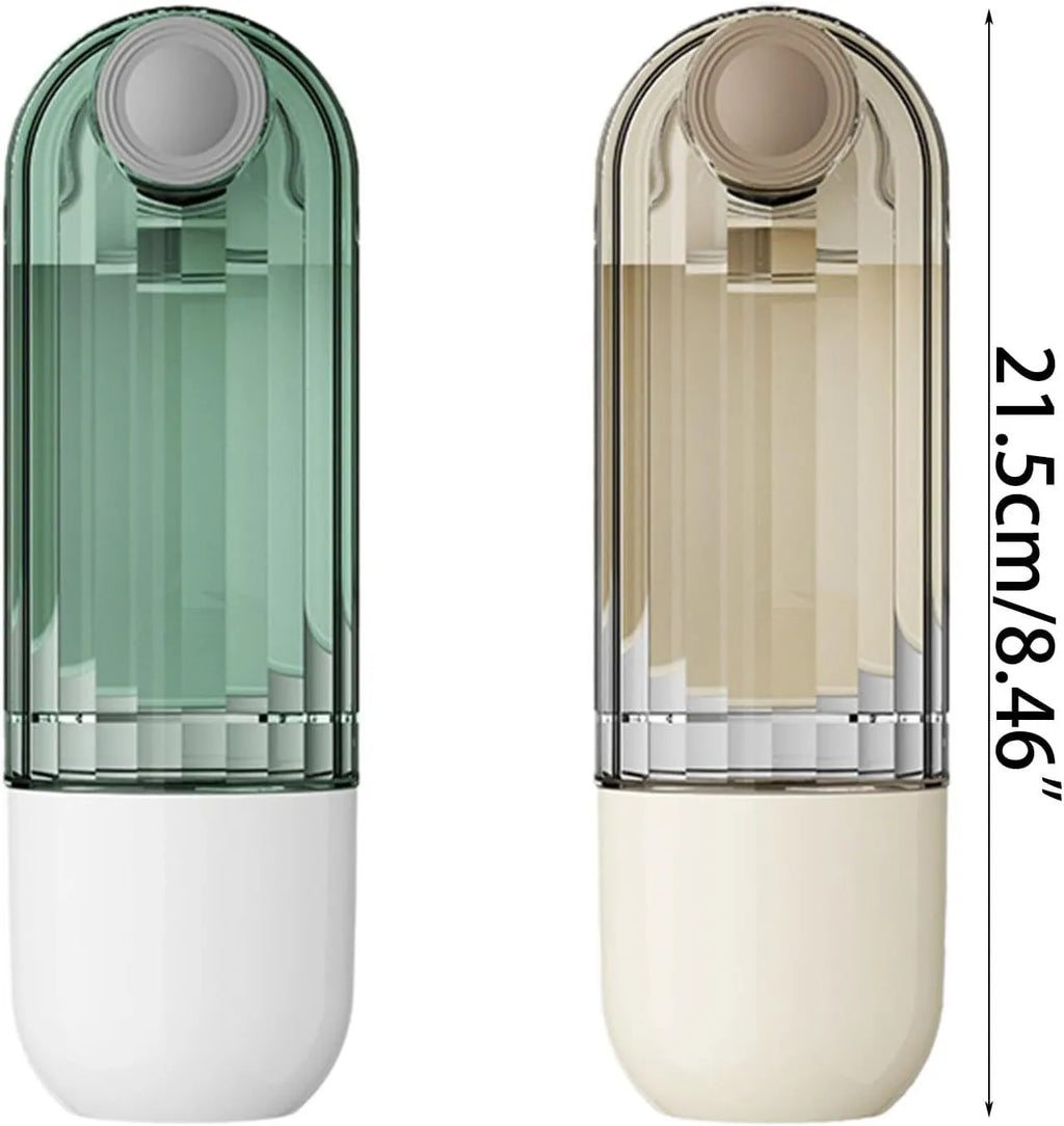 Foldable dog water bottle with food container in beige or green colour, showing drinking tray and dispenser mechanism