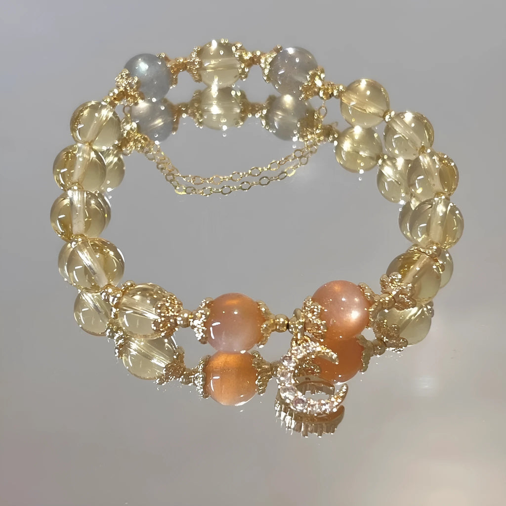 Women's moonstone and citrine crystal bracelet with 14K gold electroplated Chinese style diamond pattern design