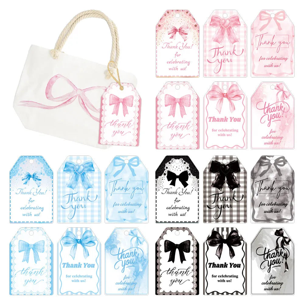 Set of 60 bowknot-shaped paper gift tags with natural hemp rope for birthday parties in three styles.