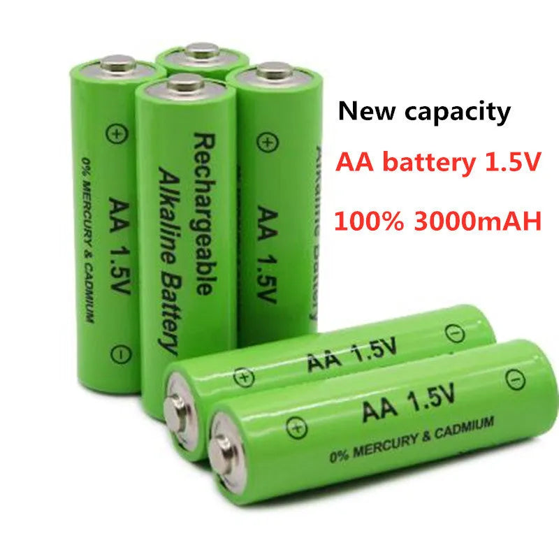 Green AA size alkaline rechargeable battery with 3000mAh 1.5V labelling.