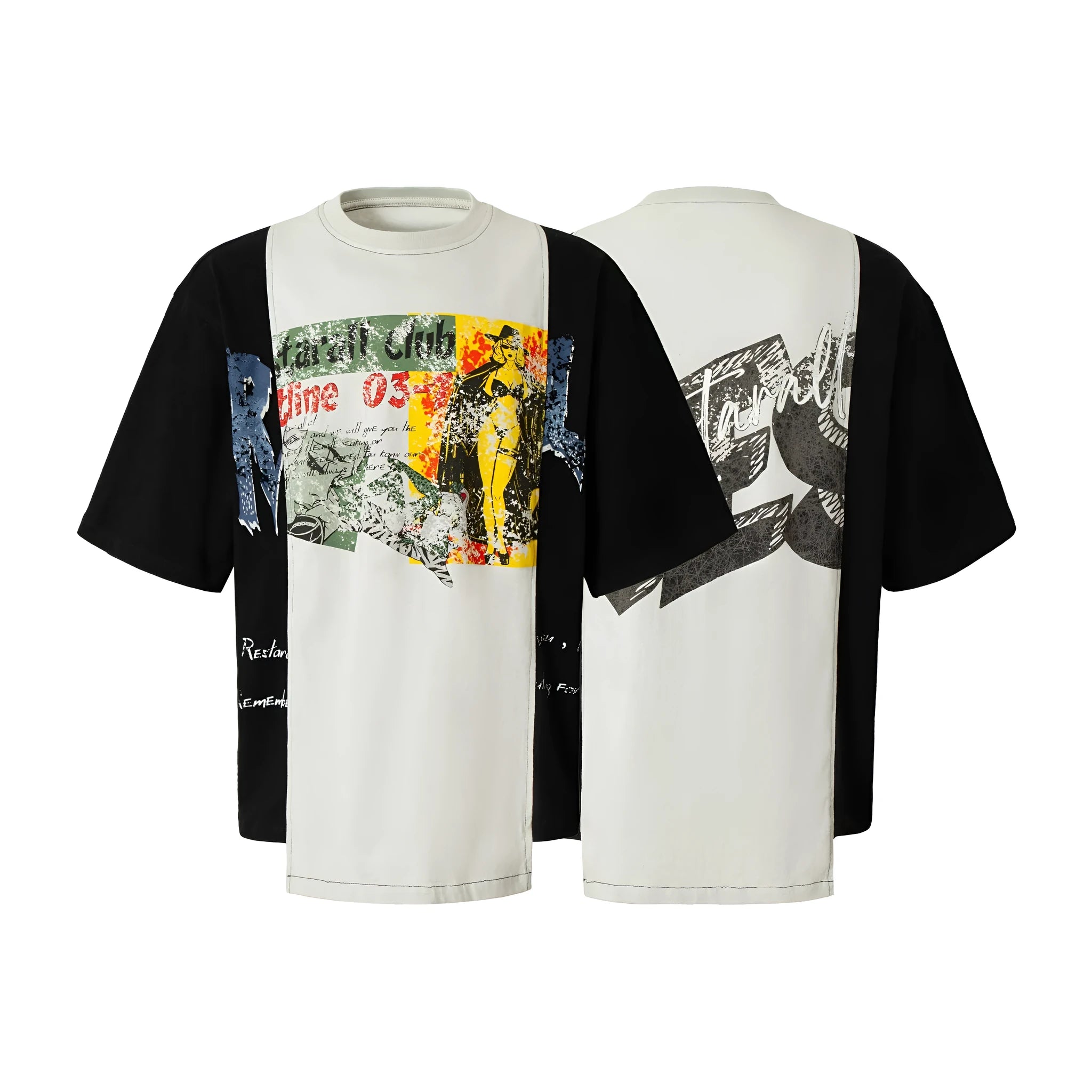 Black and white broken collage deconstruction printed T-shirt with short sleeves and loose fit