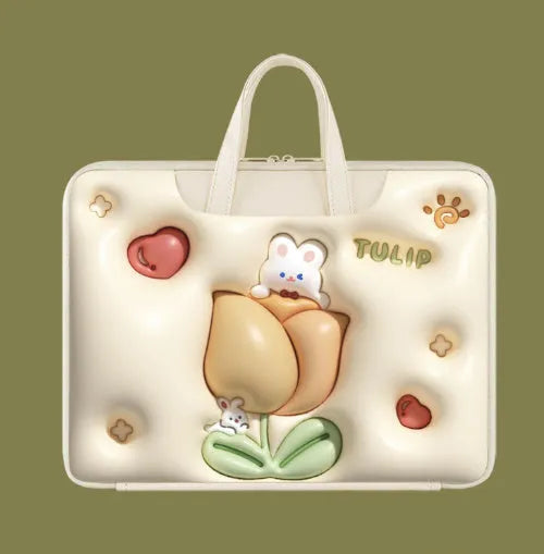 Inflatable PU leather laptop bag with hanging handle in panda pattern design for 15-inch laptops