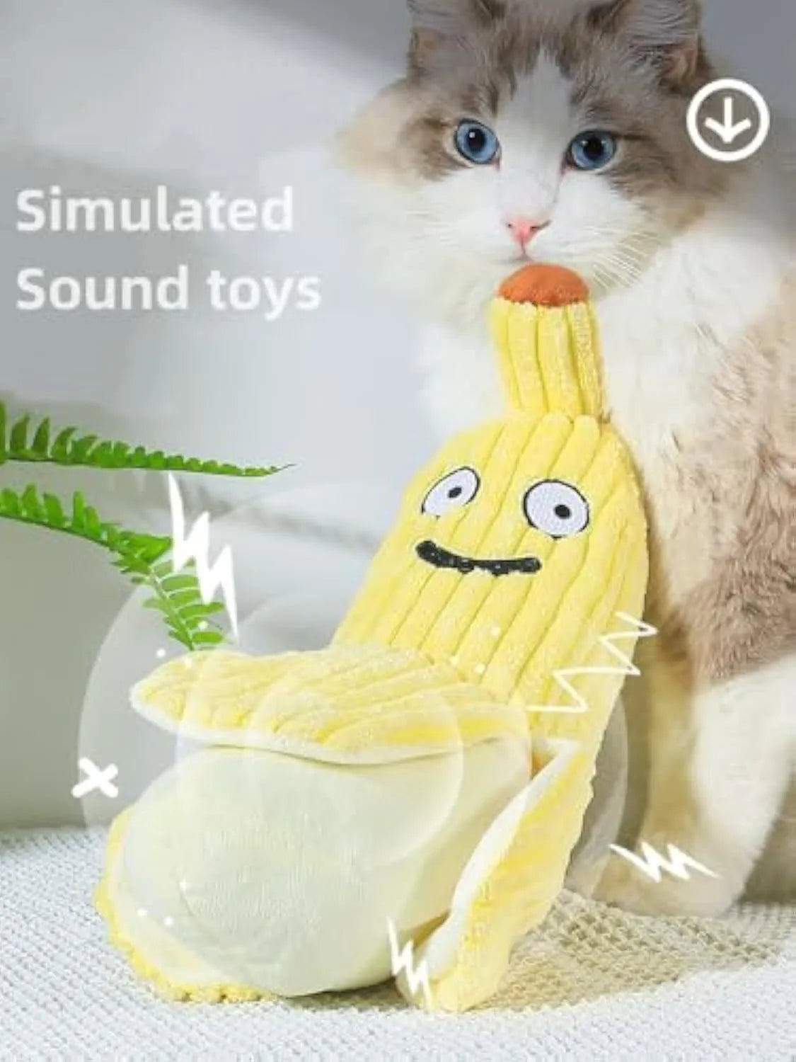 Yellow banana-shaped plush cat toy with crinkle paper sound element