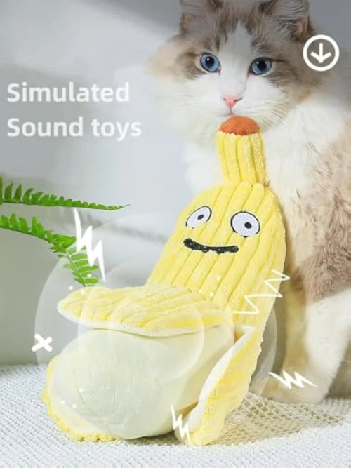 Yellow banana-shaped plush cat toy with crinkle paper sound element