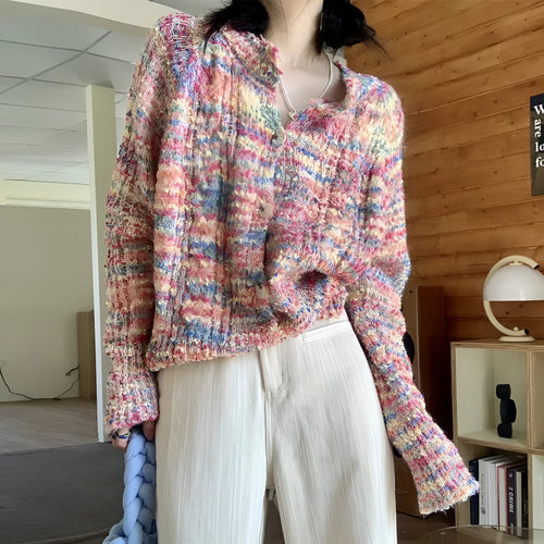 Acrylic retro rainbow sweater cardigan in slim fit free size available in pink or green colours