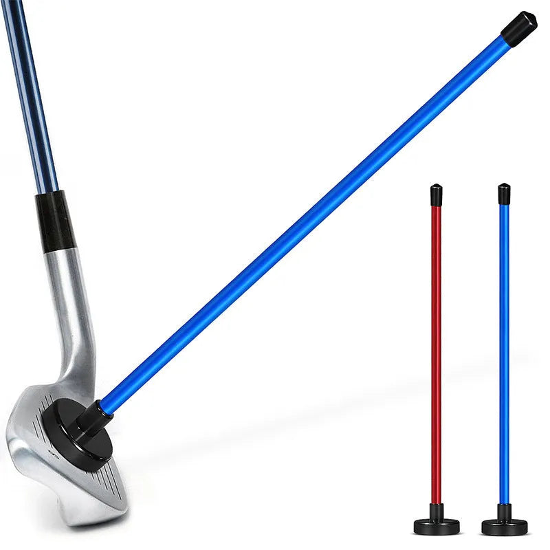 Aluminium golf swing trainer with magnetic direction indicator in red and blue colour options