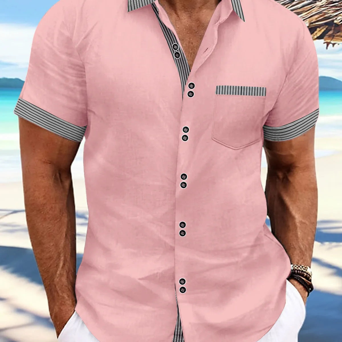 Man's striped short sleeve casual shirt with double-button placket in pure cotton, shown in slim fit.