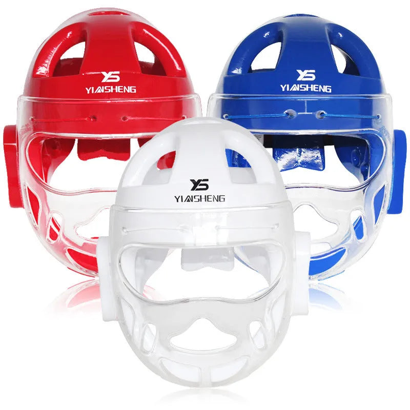 Karate helmet protective equipment for boxing training in white, blue, or red colours
