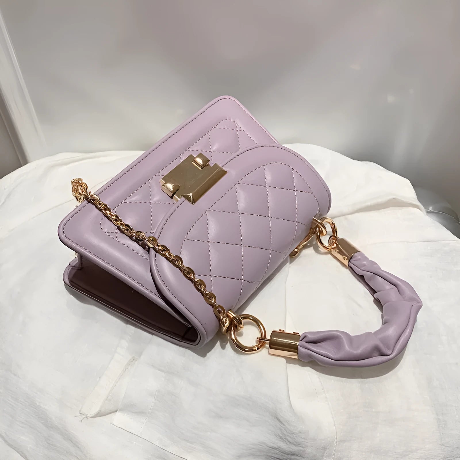 Korean style purple PU fabric rhombus shaped small square ladies shoulder bag with chain strap