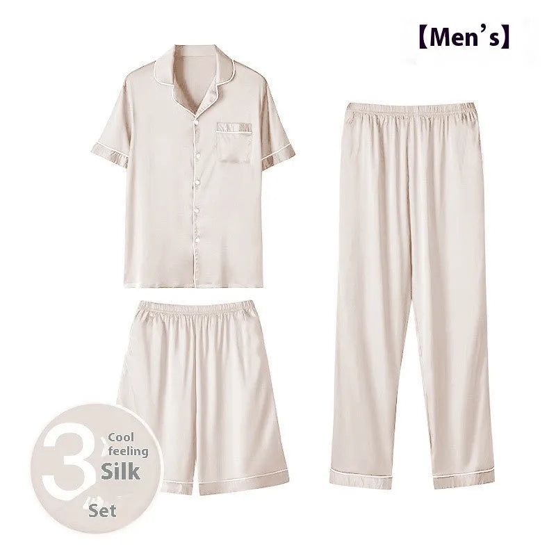 Men's ice silk three-piece home wear set showing shorts and trousers in a choice of colours.
