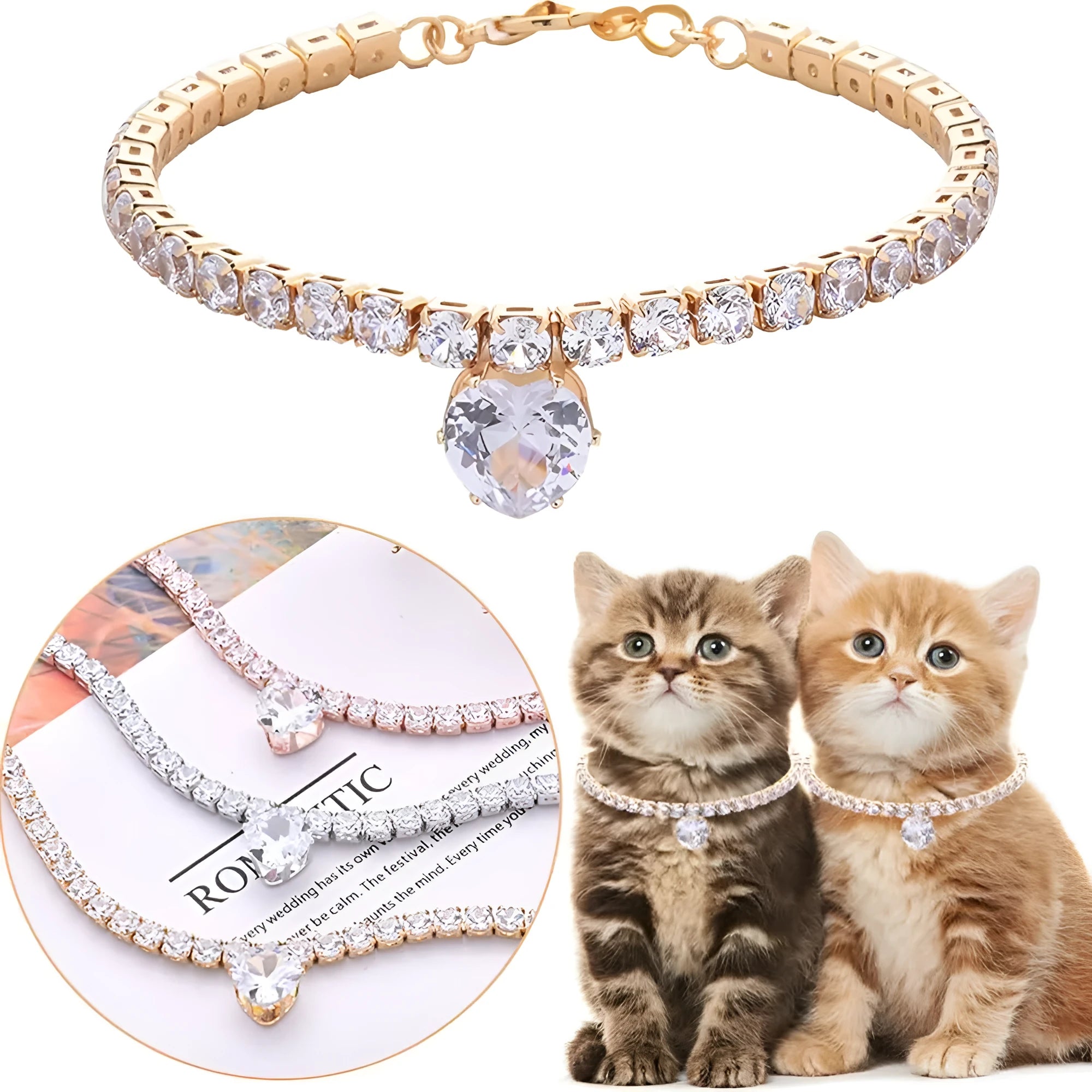 Gold pet collar with a heart shape covered in shiny rhinestones for dogs and cats.