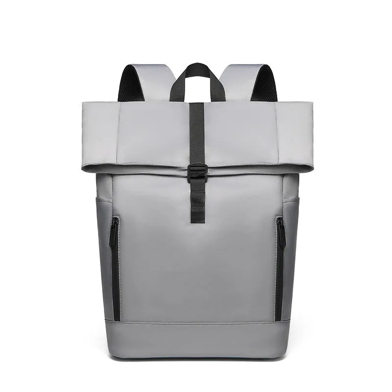 Men's grey nylon business leisure backpack with breathable back panel and zipped compartments