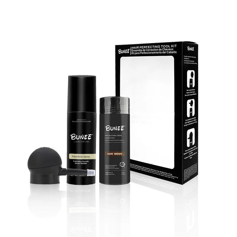 Dense hair fibre powder kit with 275g styling spray and applicator nozzle in multiple colour shades