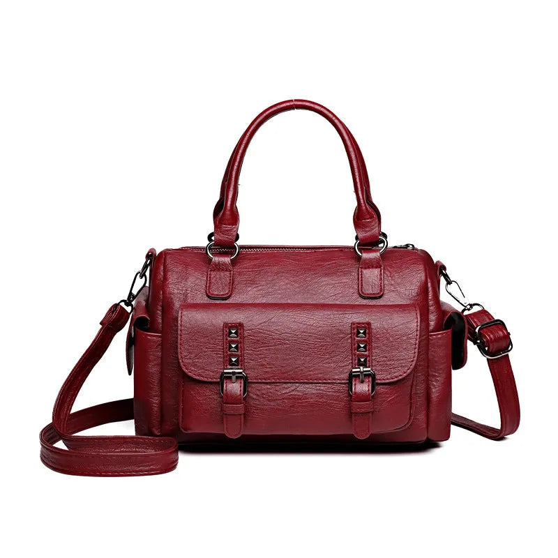 Vintage style large messenger bag in PU leather with contrast stitching, shown in a horizontal square shape.