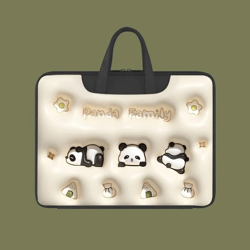 Inflatable PU leather laptop bag with hanging handle in panda pattern design for 15-inch laptops