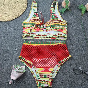 Women's cross strap fishnet high waist bikini set in multicolor checkered pattern, polyester swimsuit with top and shorts