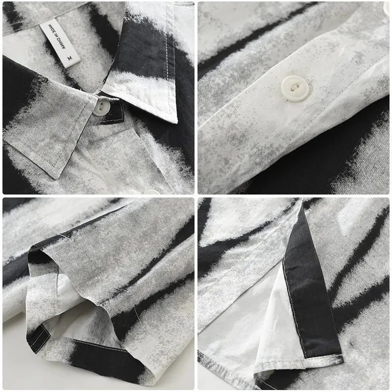 Retro striped short sleeve cardigan shirt in pure cotton fabric shown in black and brown colour options
