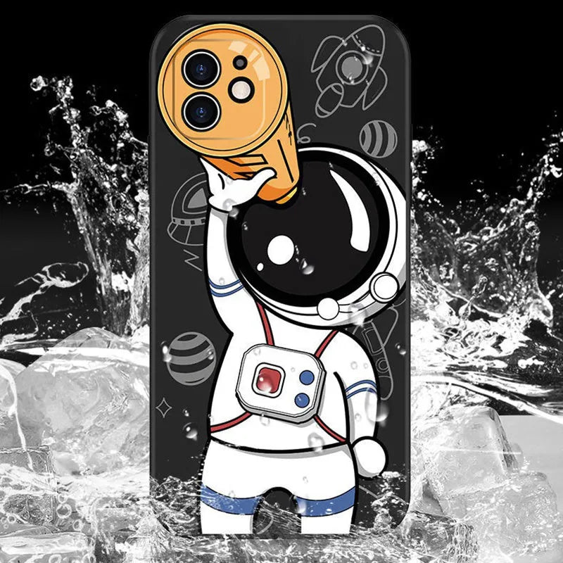 Silicone iPhone case with painted cartoon astronaut and starry sky planet design.