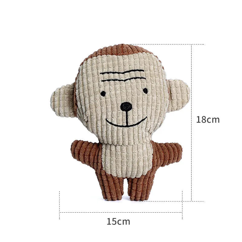 Cute animal shaped plush dog chew toy with squeaker in multiple colour options
