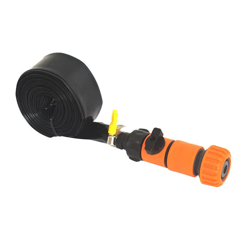 Blue or orange portable garden sprinkler with solar water cooling and PVC hose in three length options