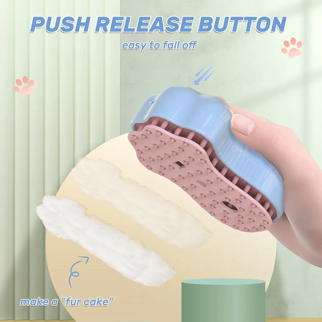 Blue self-cleaning cat steam brush with silicone head and water spray function.