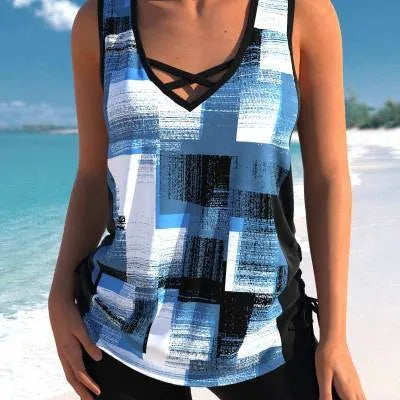 Women's printed split boxer swimsuit set with separate top and shorts in polyester fabric