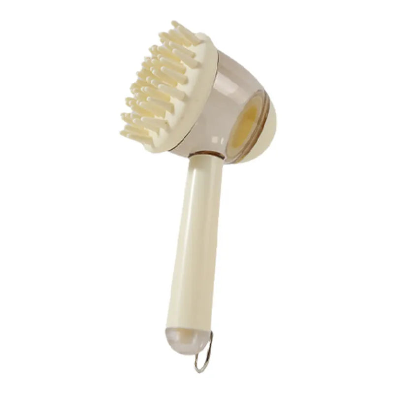 Three 3-in-1 pet bath brushes in beige, blue, and green with shampoo dispensing handles and silicone bristles on white background