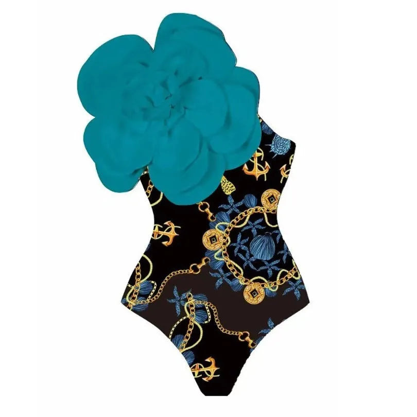 Women's floral print one-piece swimsuit with wrap skirt in polyester fabric